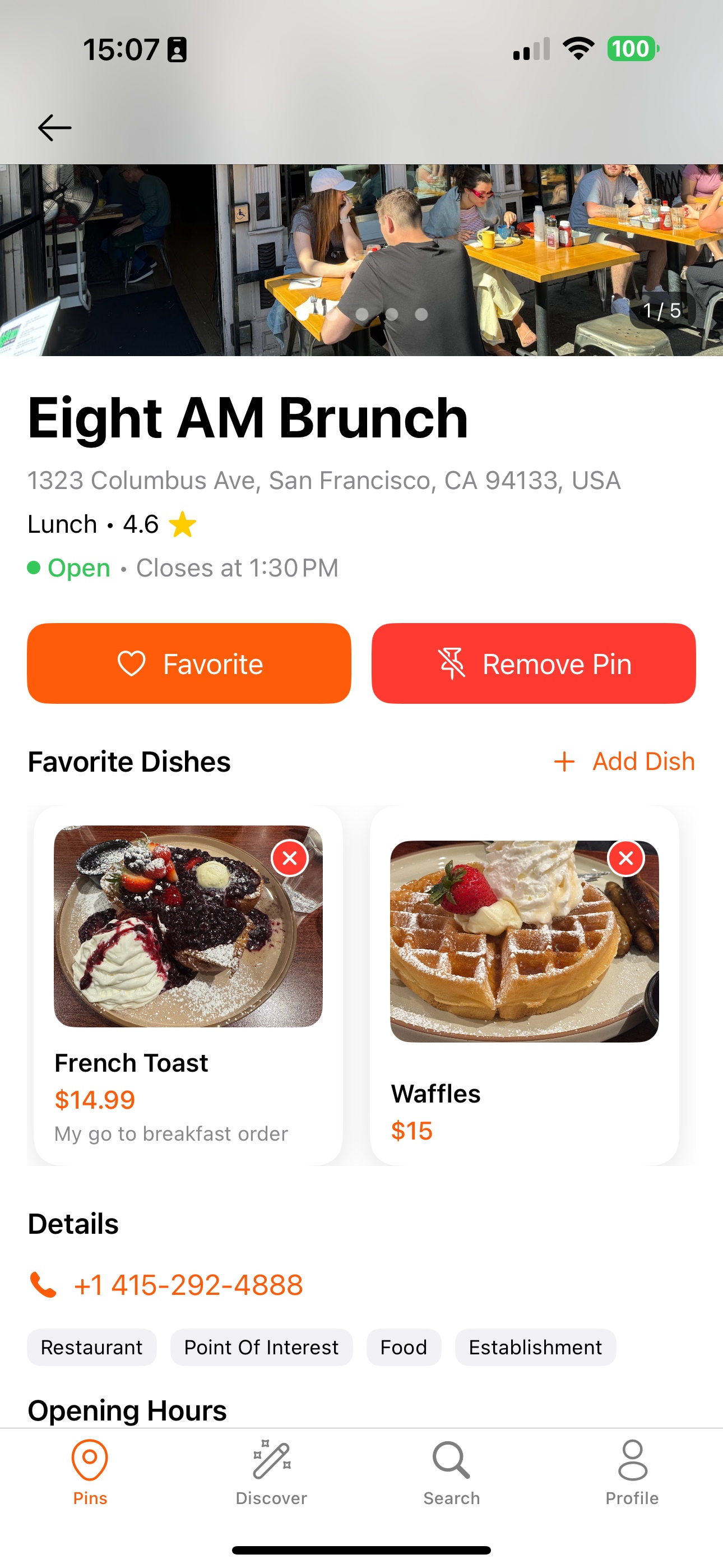 Restaurant detail screen showing saved favorite dishes