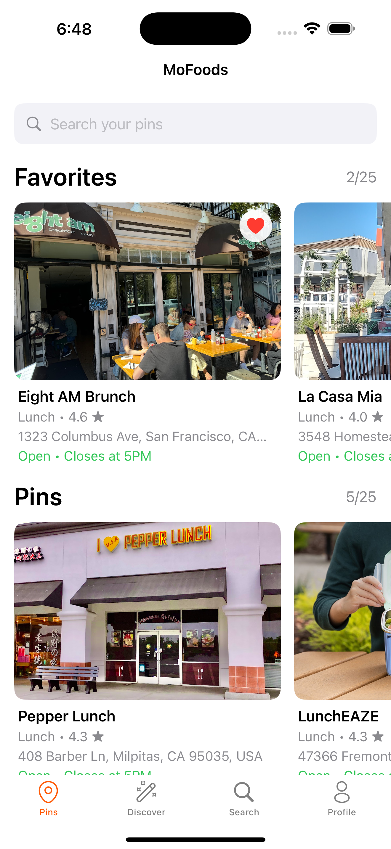 MoFoods main screen showing favorites and pins
